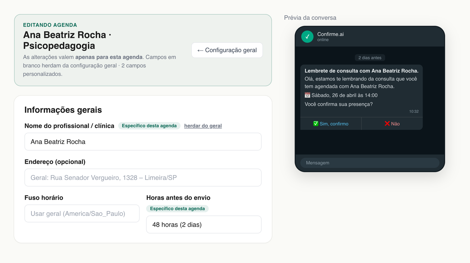 Tela de configuração por agenda, com o nome do profissional específico e a prévia da conversa
