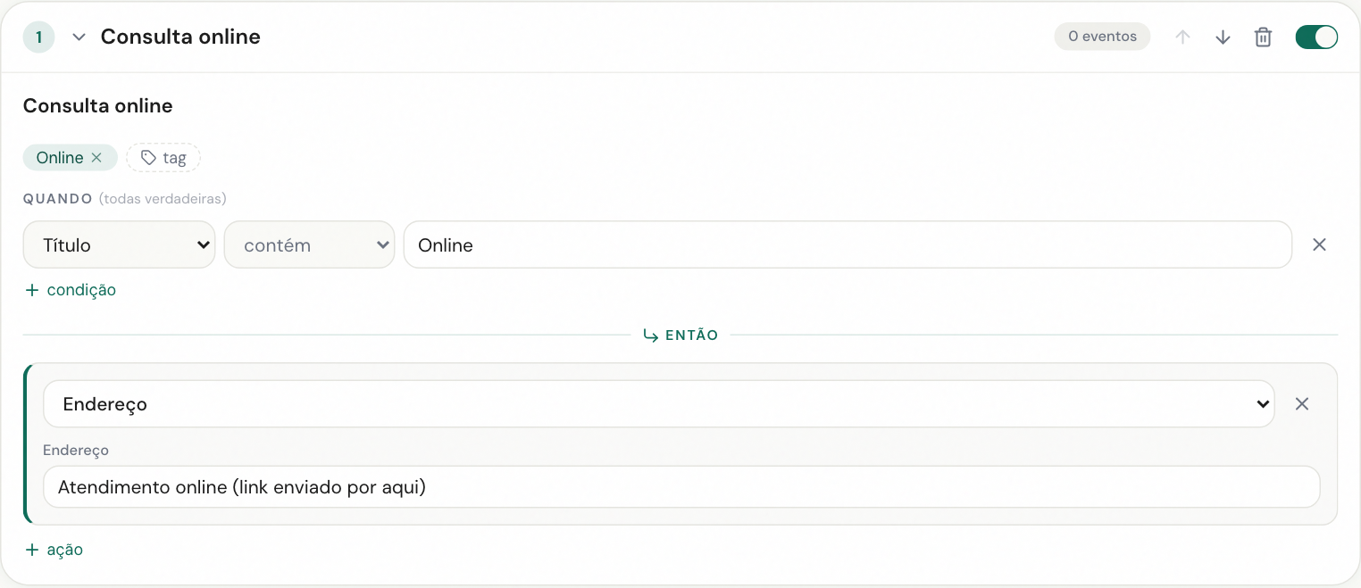 Editor de uma regra com condições e ações